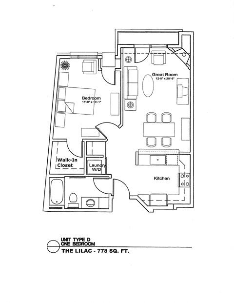 A floor plan of a one bedroom apartment with a lilac color.